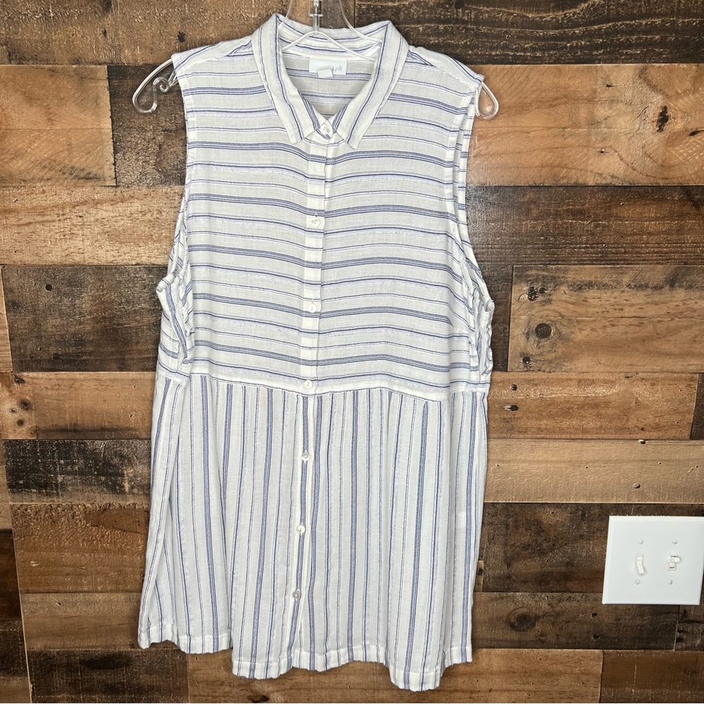 J Jill Large Sleeveless Button Up Blouse Striped with Metallic Thread Babydoll